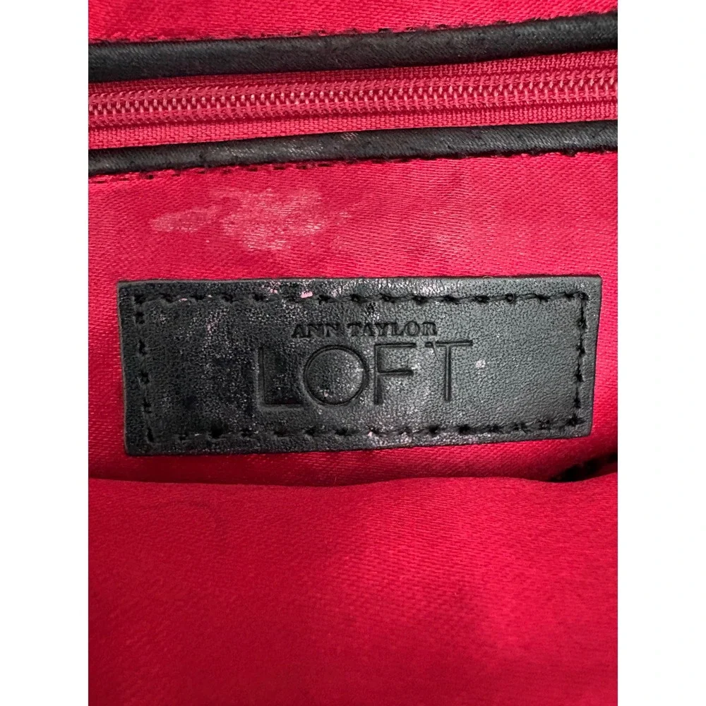 Ann Taylor LOFT Black Satin Pleated Clutch Evening Bag Red Interior Chain Strap